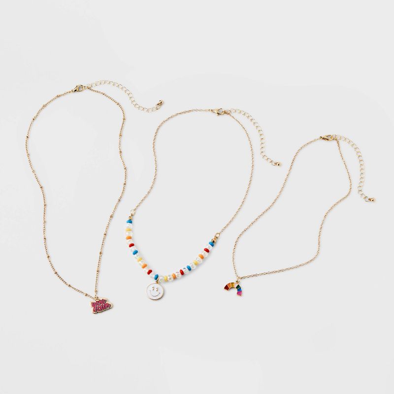 Girls&#39; 3pk Mixed Layered Necklace Set with Rainbow and Smiley Face Charms - Cat &#38; Jack&#8482;, 3 of 5