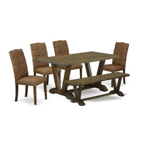 HomeStock 6-Pc Rectangle Distressed Jacobean Finish Solid Wood Top Dining Table with 1-Bench, 4-Chairs - 1 of 4