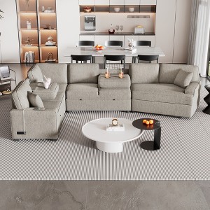 126"W Convertible Sectional Sofa Couch Set, Pull-out Sleeper Sofa Bed with Charging Devices and Cup Holders 4S -ModernLuxe - 1 of 4