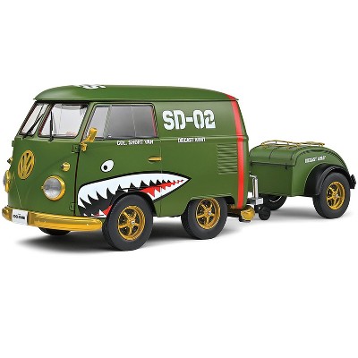 1950 Volkswagen Kool Kombi Van with Trailer "Army Fighter" Green with Graphics 1/18 Diecast Model Car by Solido
