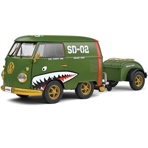 1950 Volkswagen Kool Kombi Van with Trailer "Army Fighter" Green with Graphics 1/18 Diecast Model Car by Solido - 1 of 1