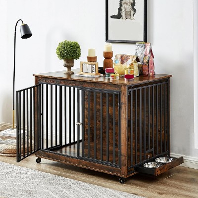 Furniture Dog Crate with Pull-Out Bowls, Wood Dog Kennel End Table with Wheels & Flip-Top, Indoor Pet House for Small to Medium Dogs/Cats