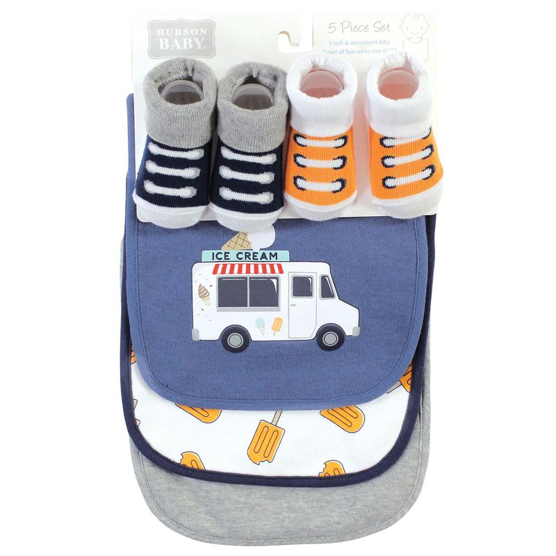 Hudson Baby Infant Boy Cotton Bib and Sock Set, Ice Cream Truck, One Size, 3 of 9