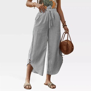 Womens Summer Pants Casual Linen Capris Pants with Drastring Wide Leg Roomy Non-Restrictive Trouser with Curvy Slit Hem - 1 of 4