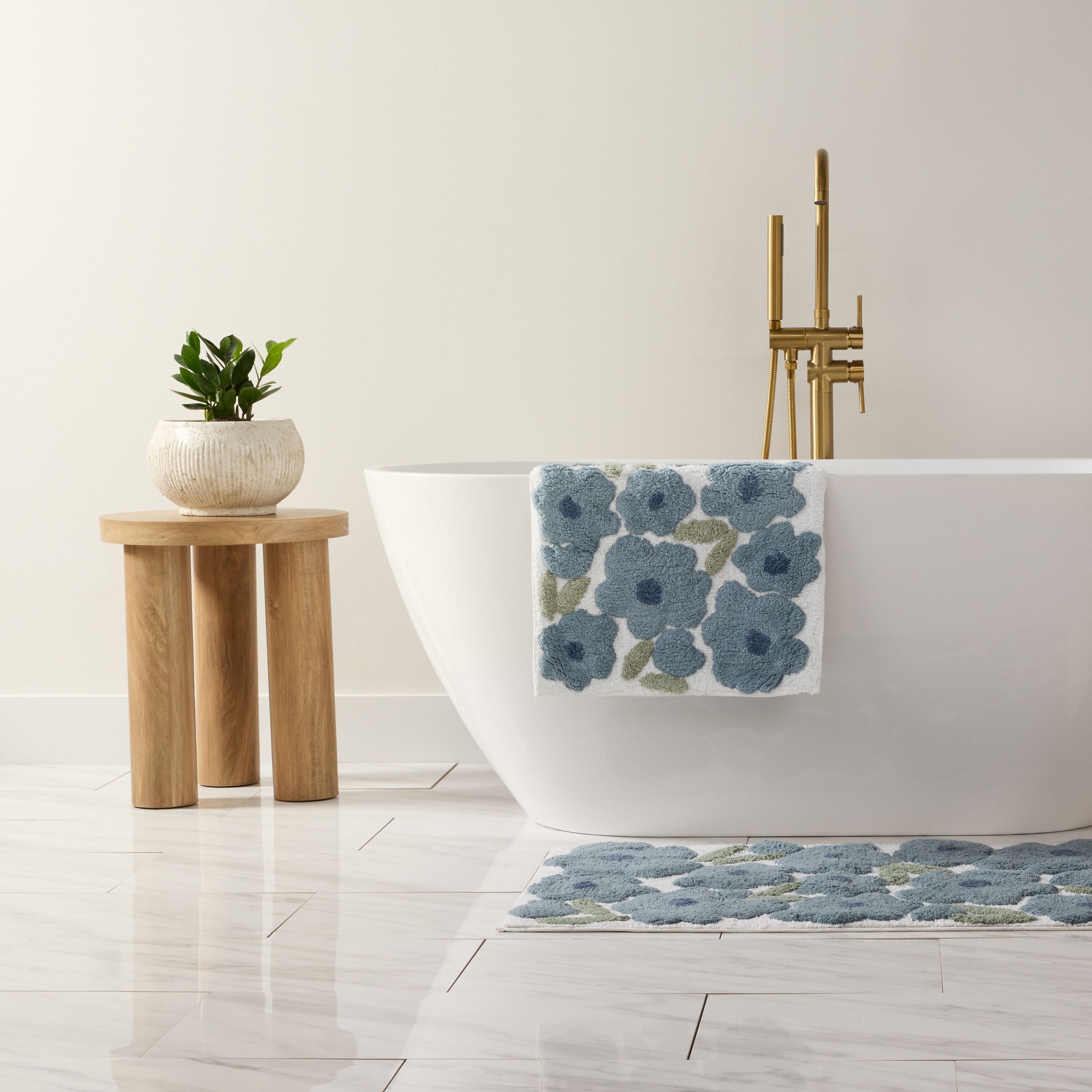 Floral and Geo Patterns Cotton Bath Mat, Tufted Bath Rug, Absorbent Non Slip Bathroom Rug, Washable - Becky Cameron, Blossoms Light Blue, 34" x 21"