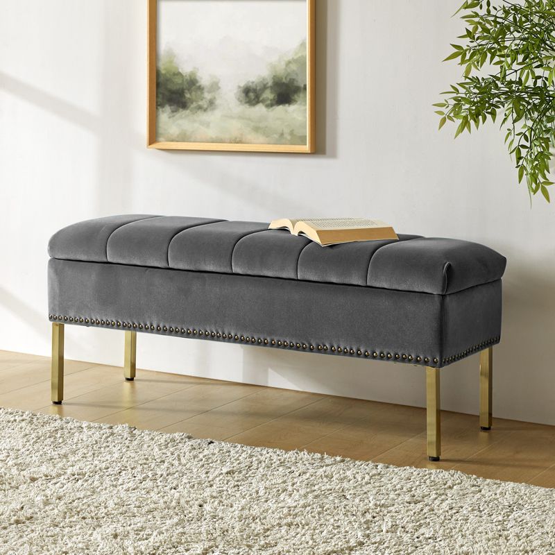 Eduard Tufted Upholstered Contemporary Velvet Flip-Top Storage Bench with Nailhead Trim |HULALA HOME, 3 of 10