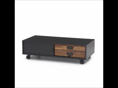 Rectangular Black and Vintage Oak Wood Coffee Table with Storage