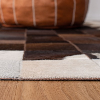 Ivory and Brown Hand-Knotted Geometric Cowhide Rug, 8' x 10'