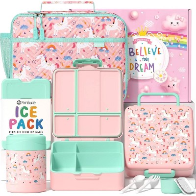 Kids Bento Snack Lunch Box with 4 Compartment, Insulated lunch Bag, Stainless Steel Vacuum Thermos Food Jar, Ice Pack