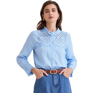INSPIRE CHIC Women's Boho Hollow-Out Long Sleeve Ruffled Neck Cotton Button Down Shirt - 1 of 4