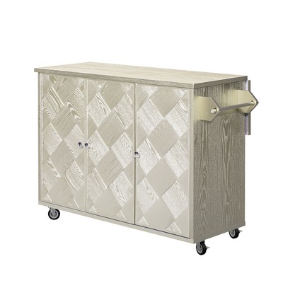 Vynxaria 51.2"WKitchen Island - Ash Veneer (Not Paper) Handwoven Doors, Drop Leaf, Internal Racks, 4 Rolling Wheels, Side Towel Rac, Champagne