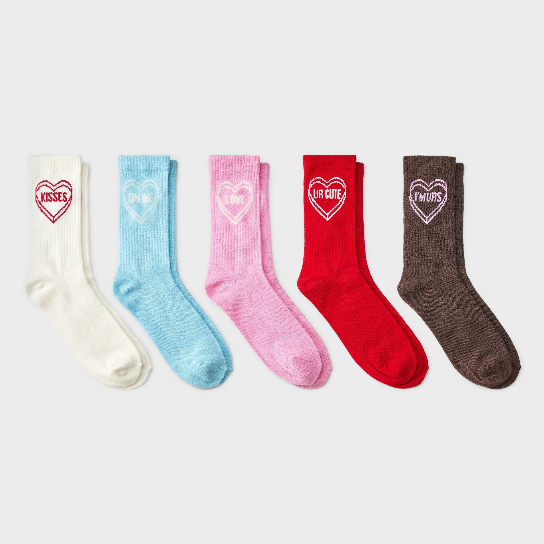 Women's 'Kisses' Candy Heart Ribbed Valentine's Day 5pk Crew Socks - Wild Fable™ Assorted Colors 4-10