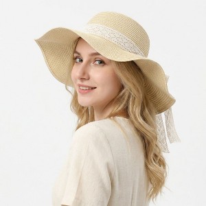 Women's Wide Brim Straw Sun Hat Lace Ribbon Tie Lightweight Summer