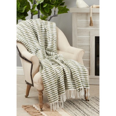 Green and White Woven Cotton Acrylic Throw Blanket