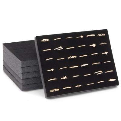 Juvale 6 Pack Black Velvet Ring Organizer for Jewelry Display Trays, 36-Slot Foam Stud Retail Travel Storage Box and Organizer, 7.5 x 5.5 x 0.5 In