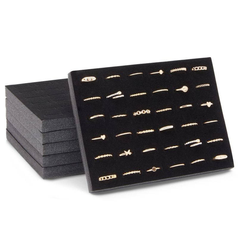Juvale 6 Pack Black Velvet Ring Organizer for Jewelry Display Trays, 36-Slot Foam Stud Retail Travel Storage Box and Organizer, 7.5 x 5.5 x 0.5 In, 1 of 9