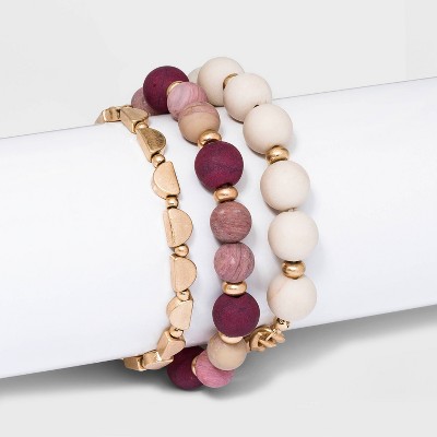 Semi-Precious Violet Howlite and Rhodochrosite Stretch Bracelet Set 3pc - Universal Thread™ Berry Pink