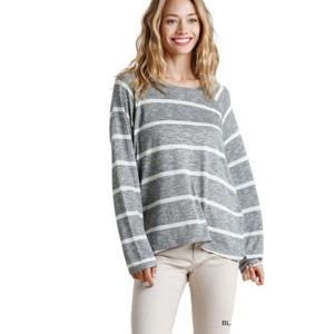 Slickblue Women's Striped Long Sleeve Top, Round Neck Shirt for Casual Wear, S, Grey/White - 1 of 4