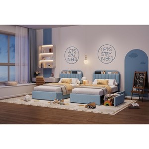 Upholstered Platform Bed Frame with Storage Headboard & Drawers, Velvet Fabric Bed for Kids/Teens, Solid Wood Slats, Low Profile - 1 of 4