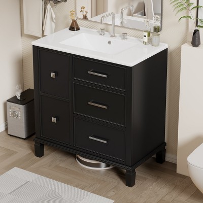 30" Bathroom Vanity with Sink, Freestanding Cabinet with Flip-Out Drawer & Double-Layer Storage, Solid Wood with Ceramic Basin