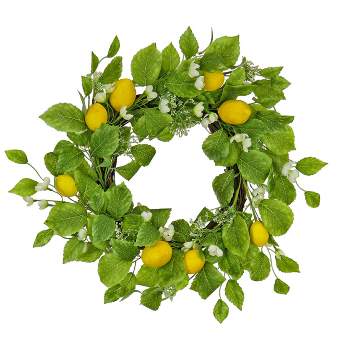 National Tree Company Artificial Spring Wreath, Woven Branch Base, Decorated with Lemons, Flower Blooms, Leafy Greens, Spring Collection, 22 Inches