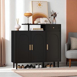 Elegant Shoe Cabinet with Arched Doors and Drawer, Cream Style Storage Sideboard with Adjustable Shelves and Solid Wood Legs for Entryway - 1 of 4