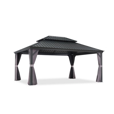 PURPLE LEAF Outdoor Gazebo Aluminum Frame Galvanized Steel Double Roof Patio Hardtop Gazebo with Curtains and Netting for Patio Lawn and Garden, Grey