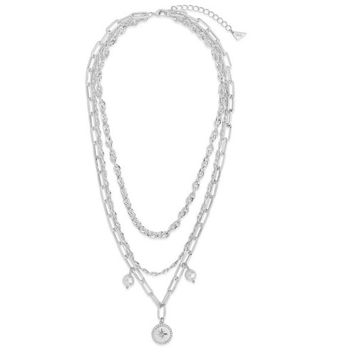 Rectangle Charm Layered Chain Pendant Necklace - A New Day™ Silver