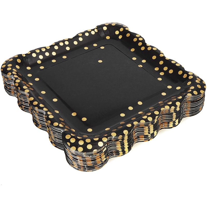 Sparkle and Bash 48-Pack Black Gold Polka Dot Square Disposable Paper Dinner Plates Scalloped Edge, Party Supplies 9", 2 of 5
