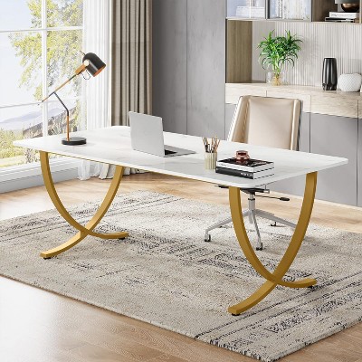 PAGED Computer Desk Modern Minimalist Home Office Desk with Three Built-in Cubbies, Writing Desk for Living Room