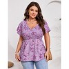 YESFASHION Women Plus Size Floral Blouse V Neck Short Sleeve Top Smocked Casual Shirt - 2 of 4