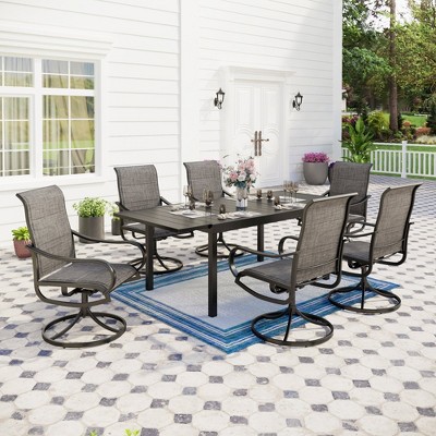 Captiva Designs 7pc Black Outdoor Dining Steel Table & Padded Textilene Swivel Chairs