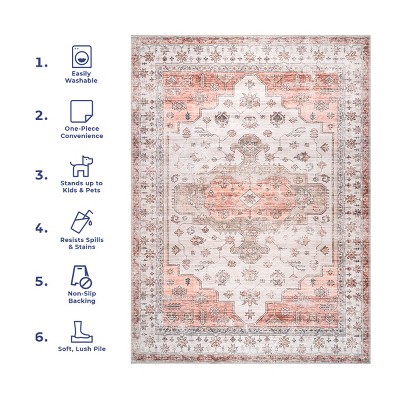 4' x 6' Orange and White Medallion Washable Synthetic Rug