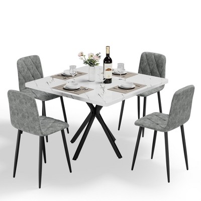 HTUTWOO Square Dining Table Set, Includes 1 Dining Table and 4 Leather Chairs for Kitchen, Dining Room, Office Use for 4 People