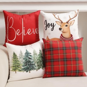 Christmas Decorations, Single Sided Red Plaid Throw Pillow Covers 18x18 Inches Set of 4, Christmas Tree, Snowflakes - 1 of 2