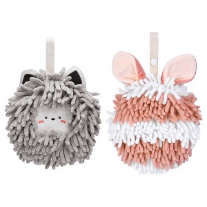 REGALWOVEN Rabbit Shape Quick Drying Soft Absorbent Decorative Chenille Fuzzy Ball Hand Towels with Hanging Loops 7" x 7" 2 Pcs - 1 of 4