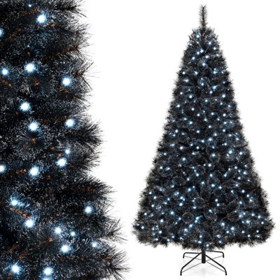 Tangkula 8/7/6 FT Black Artificial Halloween Tree Pre-lit Hinged Full Xmas Tree w/ Branch Tips Pine Needles Cold White LED Lights