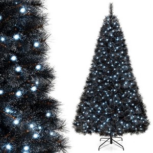 Tangkula 8/7/6 FT Black Artificial Halloween Tree Pre-lit Hinged Full Xmas Tree w/ Branch Tips Pine Needles Cold White LED Lights - 1 of 4