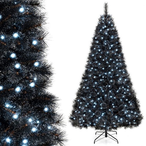 Tangkula 8/7/6 FT Black Artificial Halloween Tree Pre-lit Hinged Full Xmas Tree w/ Branch Tips Pine Needles Cold White LED Lights - image 1 of 4