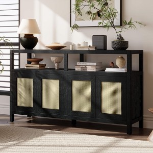 ORRD TREXM Bohemian Rattan Buffet Cabinet Solid Wood Frame, 3-Adjustable Shelves Push-to-Open Design, Black, Living & Dining - 1 of 4