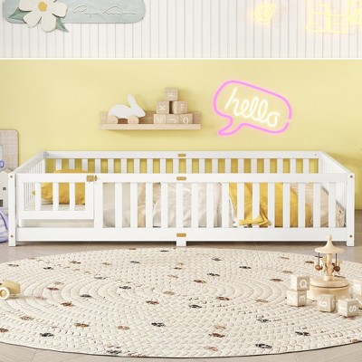 CAVINAS Full Size Wood Montessori Bed,Modern Integral Constructed Floor Bed with Super High Security Barrier and Door,Toddler Bed for Bedroom