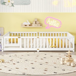 CAVINAS Full Size Wood Montessori Bed,Modern Integral Constructed Floor Bed with Super High Security Barrier and Door,Toddler Bed for Bedroom - 1 of 4