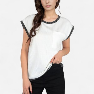 Anna-Kaci Women's Sleeveless Striped Knit Top with Contrast Trim and Chest Pocket Detail - 1 of 4