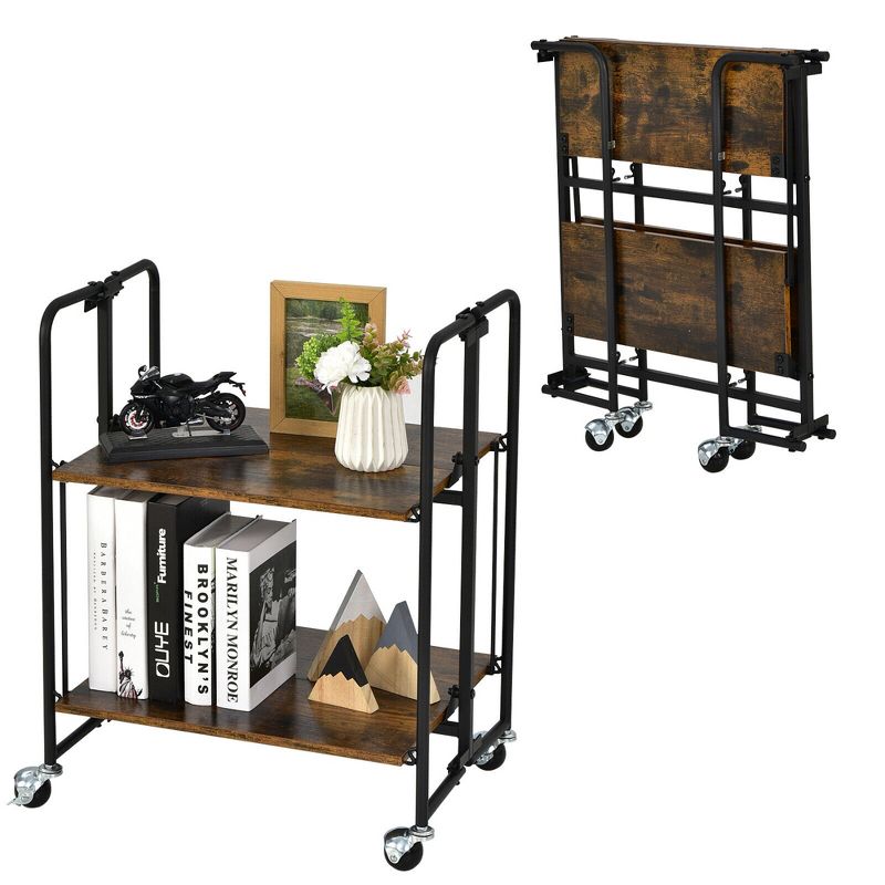 Tangkula 2-Tier Folding Bar Cart Kitchen Serving Island Utility Cart Storage Shelves, 1 of 9
