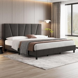 Modern Linen Upholstered Bed Frame with Adjustable Headboard, Wood Slat Support - 1 of 4