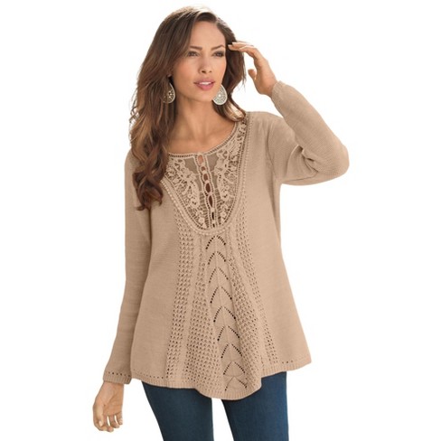 Roaman's Fine Gauge Lace Pullover Sweater - 34/36, White
