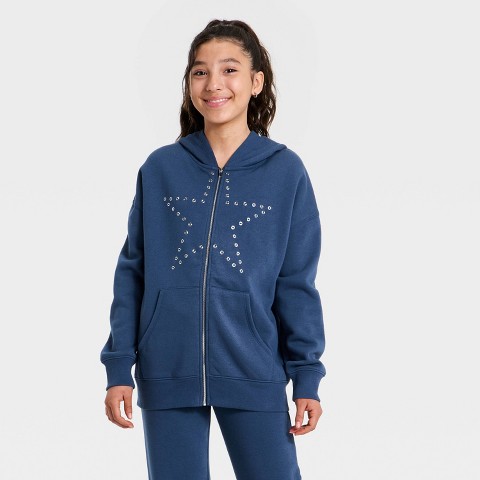 Art Class Girls' Oversized Fleece Zip Hoodie art class™ Navy Blue M