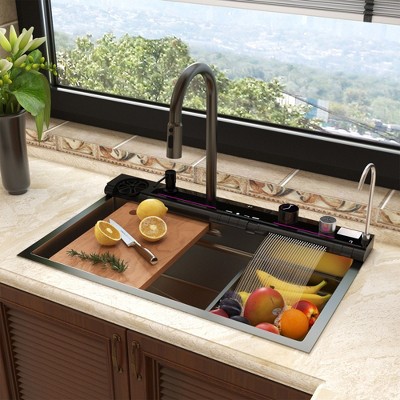 Famapy 304 Stainless Steel Workstation Kitchen Sink with PVD Nano Black Finish