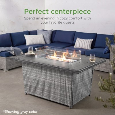 Gray Wicker Propane Gas Fire Pit Table with Glass Wind Guard
