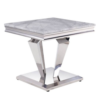 Acme Furniture Satinka Faux Marble Top Accent Table Light Gray/Silver Finish